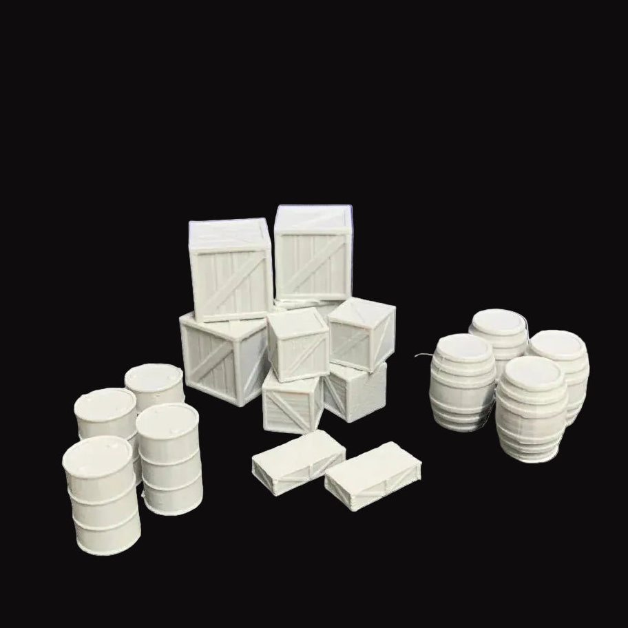 Cargo Yard Scenery Pack – Oil Drums, Barrels & Crates (18pcs) - Model Realm