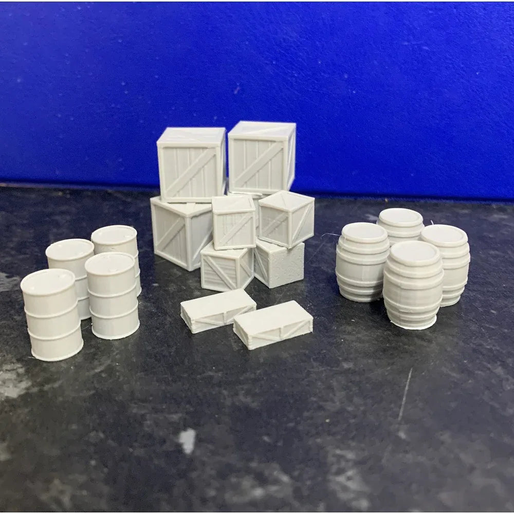 Cargo Yard Scenery Pack – Oil Drums, Barrels & Crates (18pcs) - Model Realm