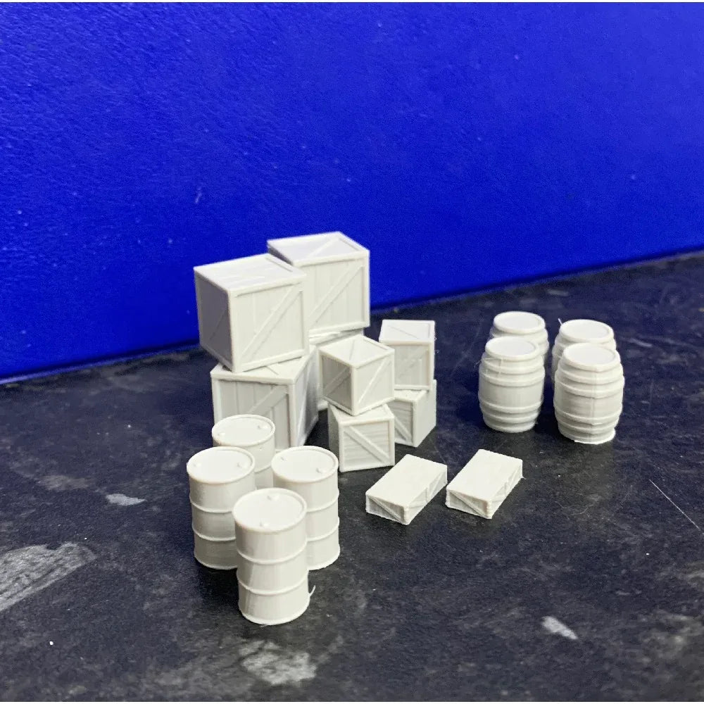 Cargo Yard Scenery Pack – Oil Drums, Barrels & Crates (18pcs) - Model Realm