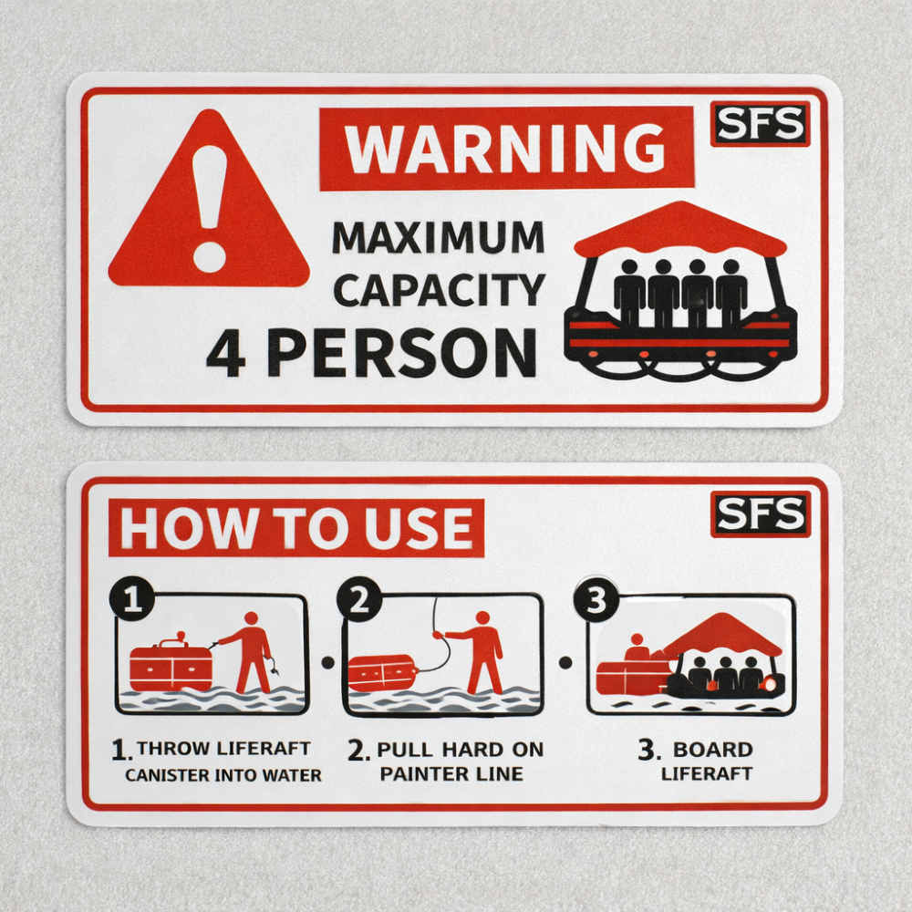 Self-adhesive liferaft instruction decal for model boat display or diorama