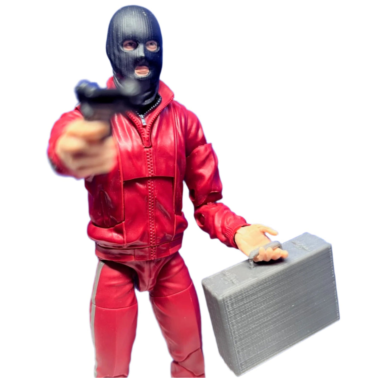 Front view of action figure holding a 3D printed grey miniature classic briefcase accessory