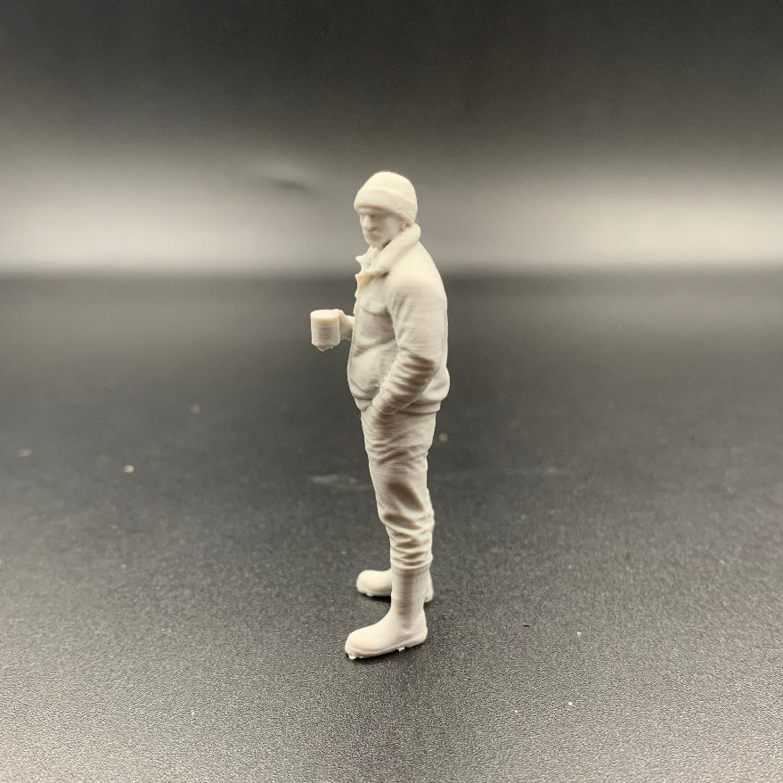 Standing crew figure with hot drink designed for scale modelling, docks, workshops and harbour displays