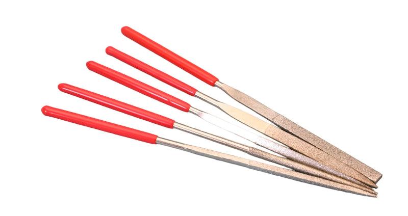 5-piece diamond needle file set with ergonomic soft grip handles for precision shaping and finishing in jewellery and model making