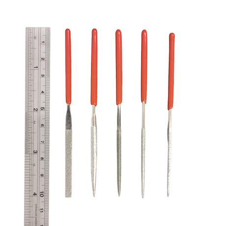 Miniature 5-piece diamond needle file set in wallet case for ultra precise filing and detailing in jewellery and model making