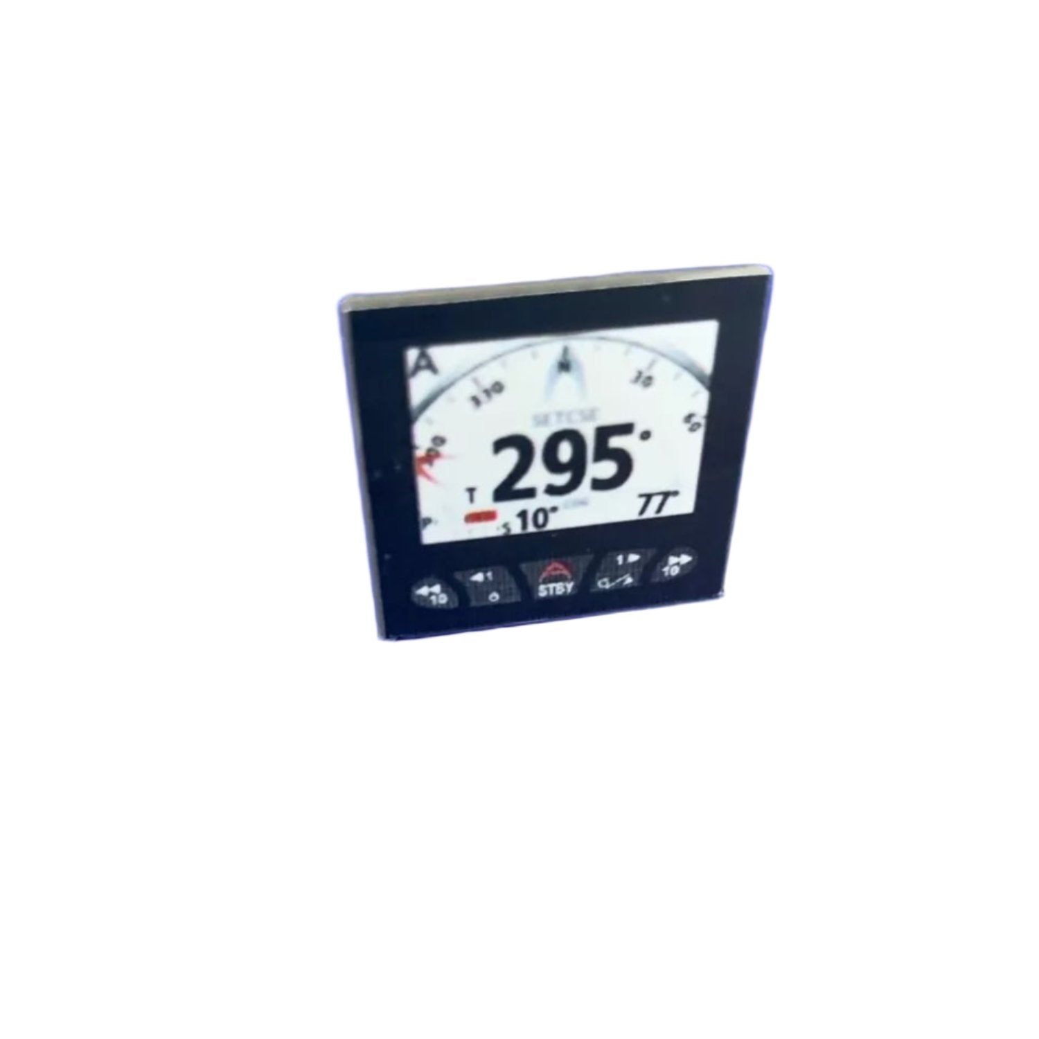 Front view of 3D printed auto pilot display with decal, model boat instrument panel accessory