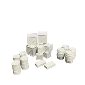Cargo Yard Scenery Pack – Oil Drums, Barrels & Crates (18pcs) - Model Realm