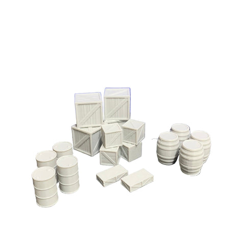 Cargo Yard Scenery Pack – Oil Drums, Barrels & Crates (18pcs)