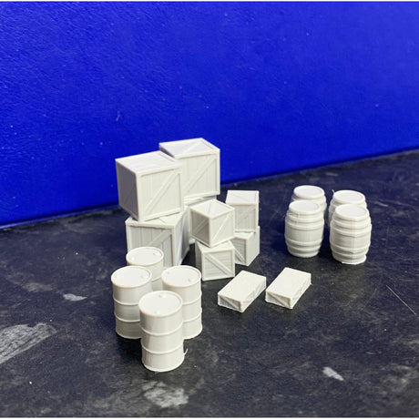 Cargo Yard Scenery Pack – Oil Drums, Barrels & Crates 18pcs