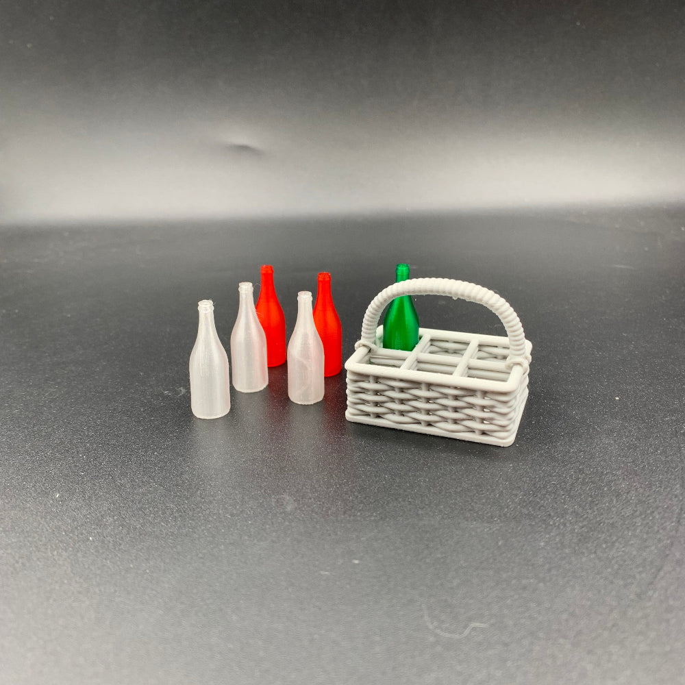 Miniature Wine Bottles & Caddy Wicker