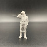 Fisherman model boat crew figure with slim lifejacket and hand resting on head in thoughtful pose