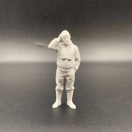 Fisherman model boat crew figure with slim lifejacket and hand resting on head in thoughtful pose
