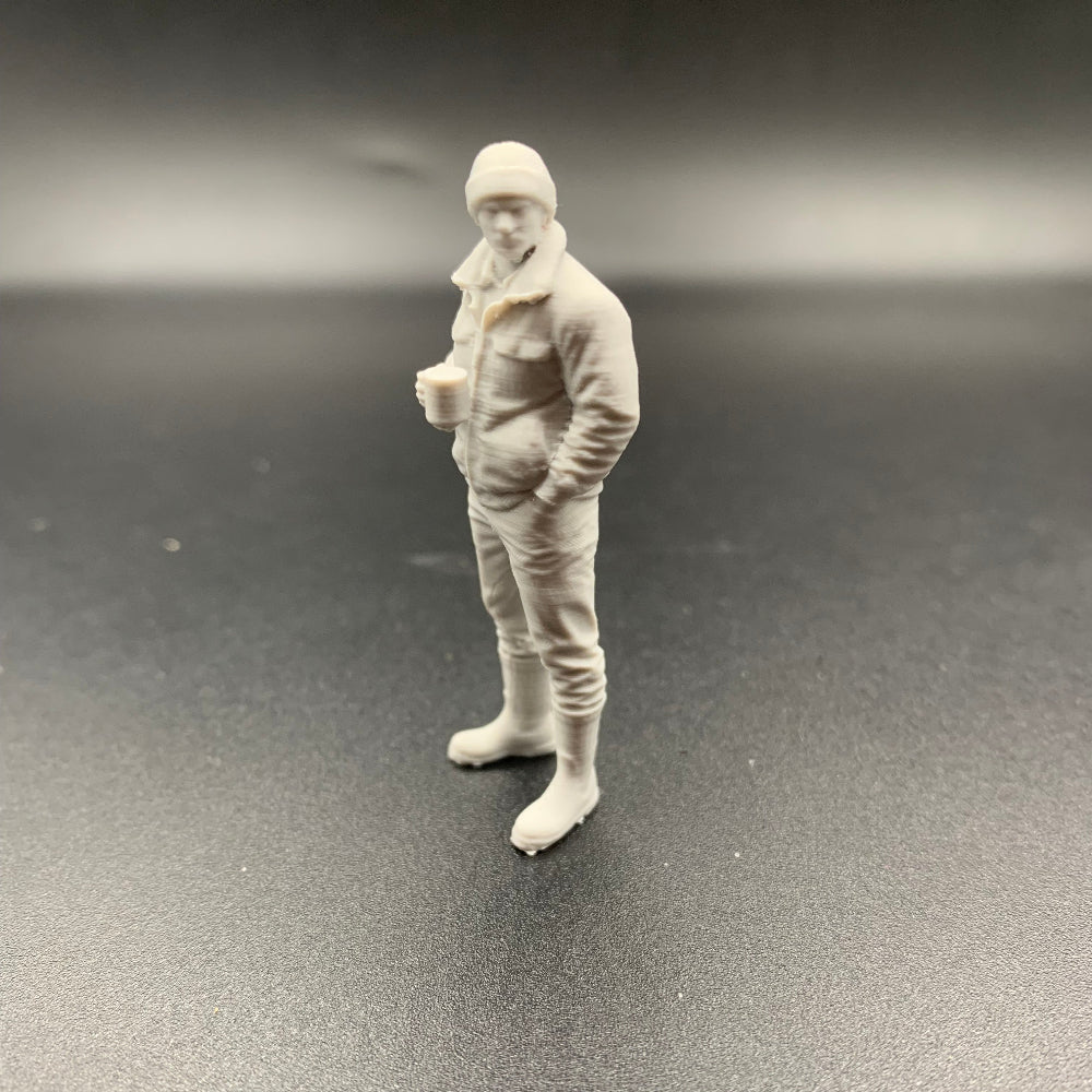 PLA printed crewman figure in relaxed break-time pose available in multiple modelling sca